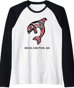 Biggs Junction, Washington Native American Orca Killer Whale Raglan Baseball Tee