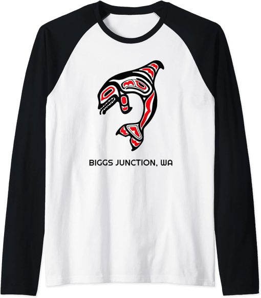 Biggs Junction, Washington Native American Orca Killer Whale Raglan Baseball Tee