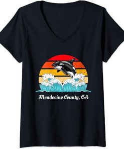 Womens Vintage Mendocino County CA Distressed Orca Killer Whale Art V-Neck T-Shirt