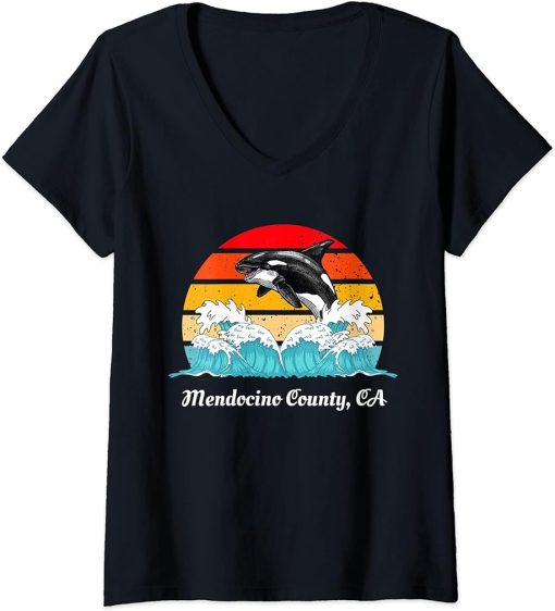 Womens Vintage Mendocino County CA Distressed Orca Killer Whale Art V-Neck T-Shirt