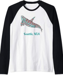 Seattle WA Upward Orca Killer Whale Native American Raglan Baseball Tee