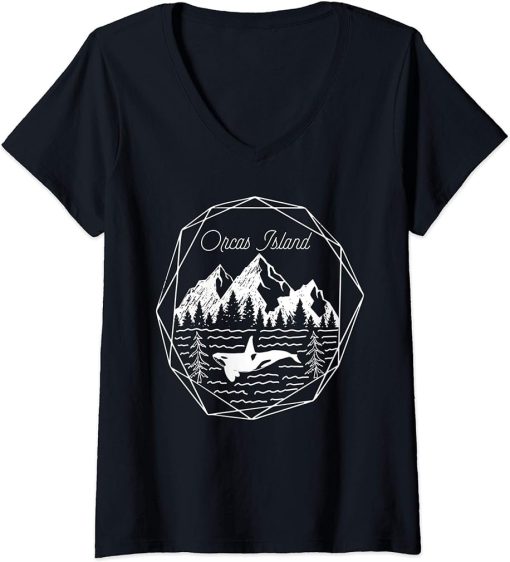 Womens Orcas Island San Juan Islands PNW Minimalist Orca Whale V-Neck T-Shirt