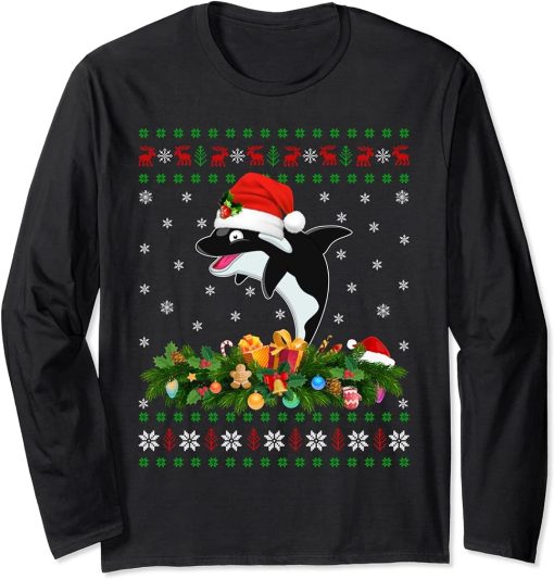 Orca Killer Whale Lover Xmas Santa Hat Ugly Orca Christmas Long Sleeve T-Shirt